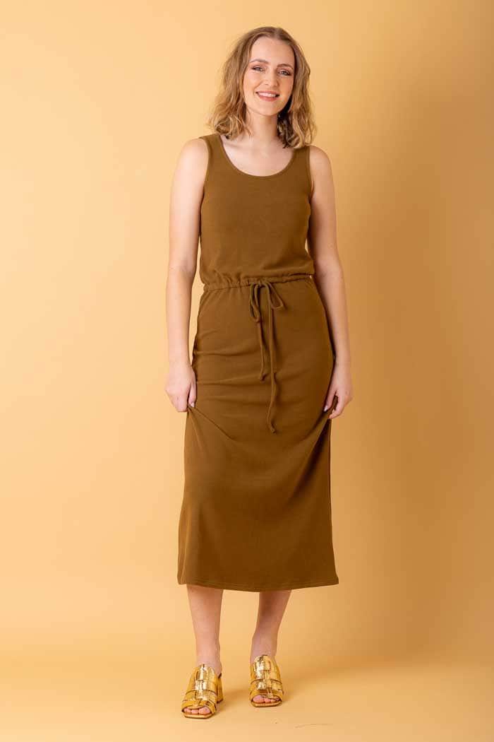 khaki drawstring maxi dress