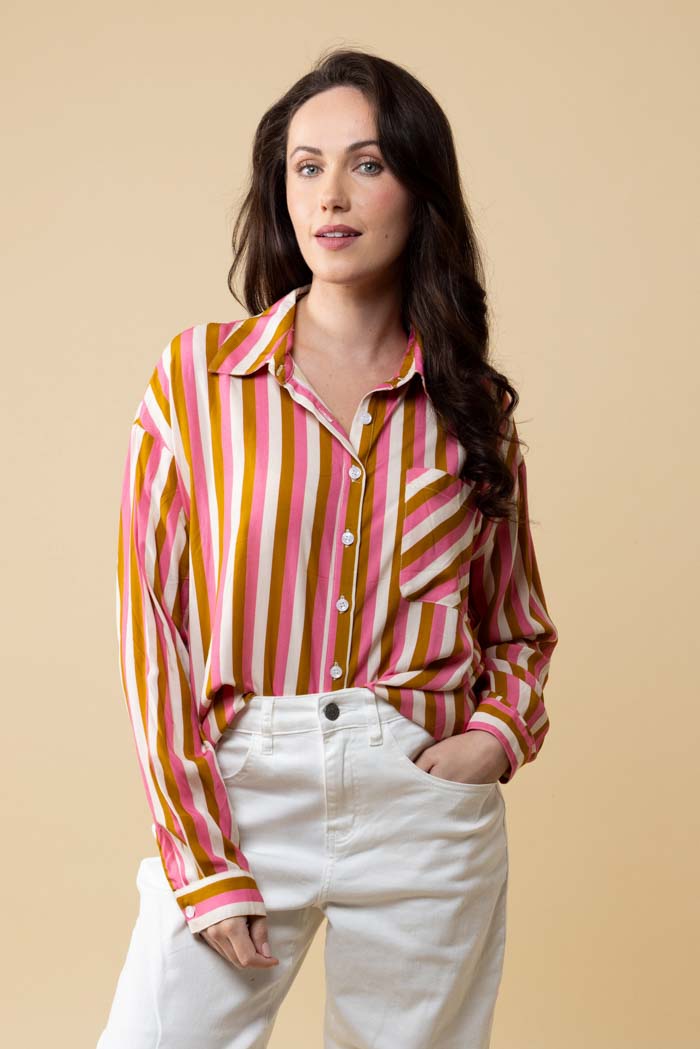 pink tan striped shirt