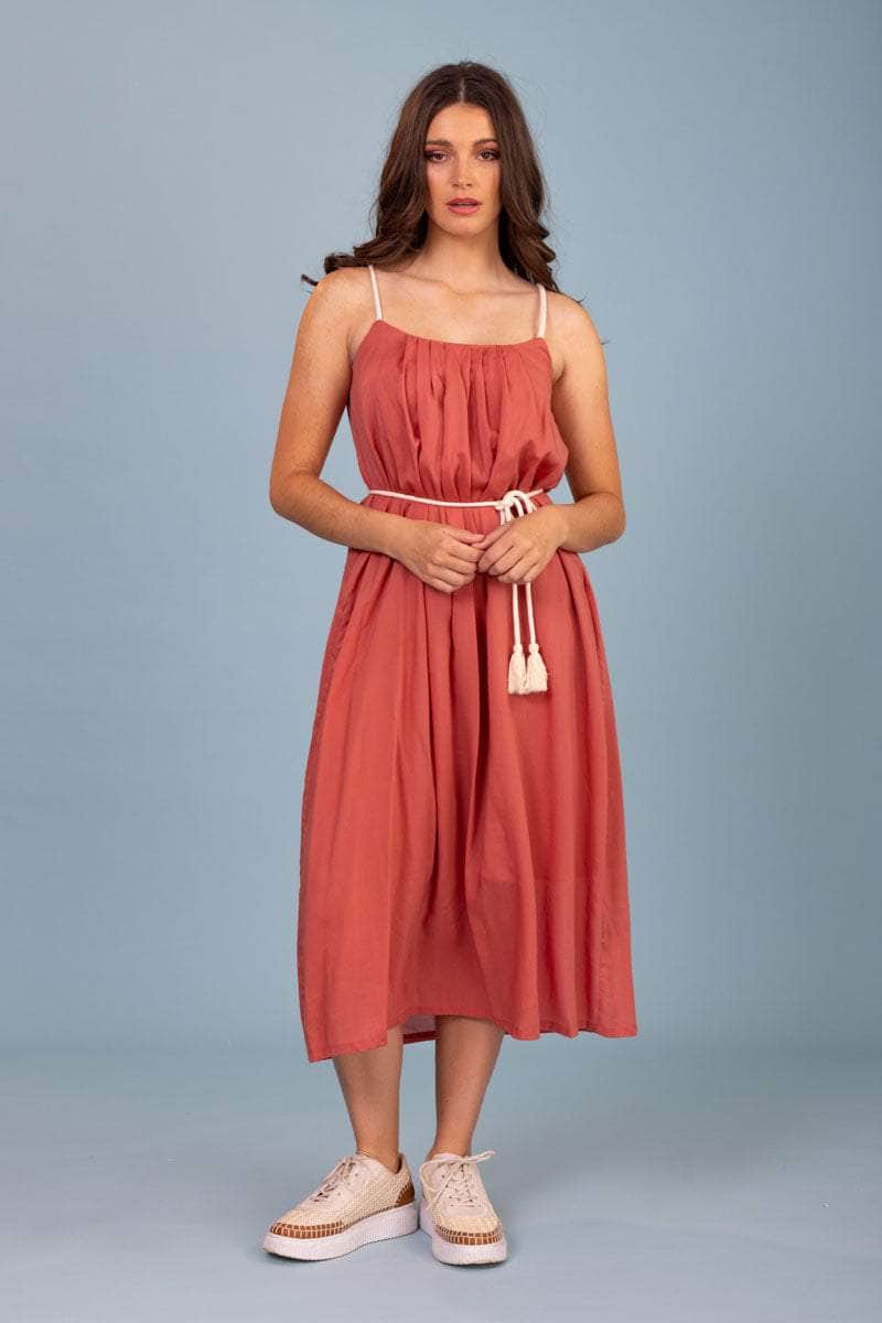 peach ruched midi dress