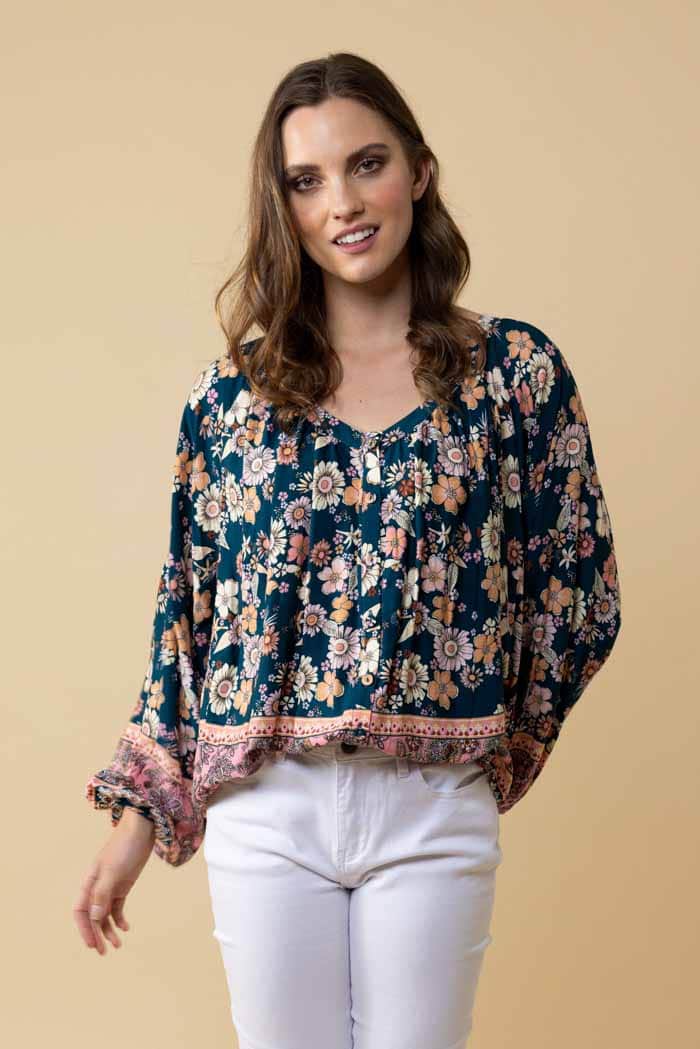 teal floral vneck top plus size