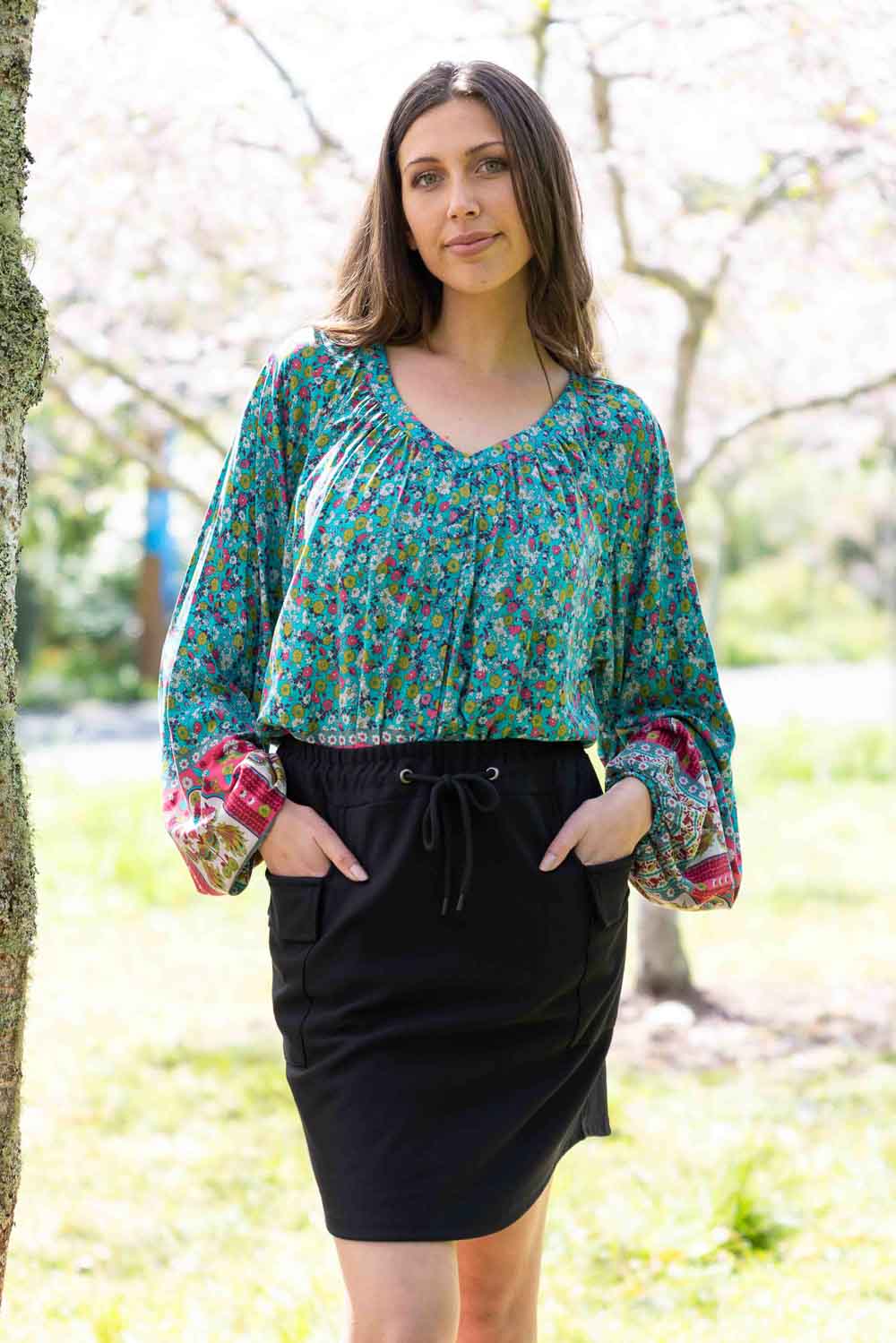 teal floral blouse top