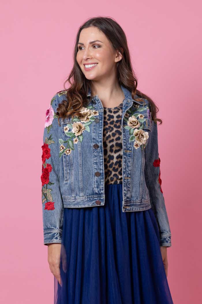 blue denim jacket embroidered Plus Size