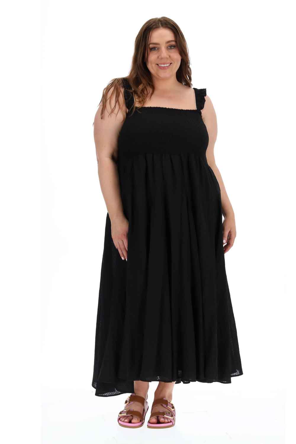 black shirred midi dress plus size