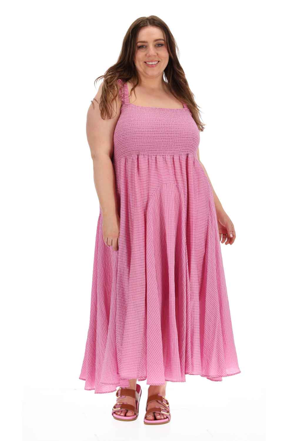 pink gingham midi dress plus size