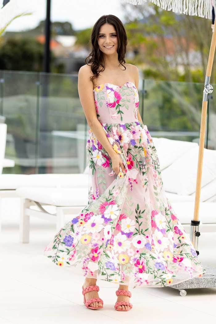 strapless floral embroidered dress