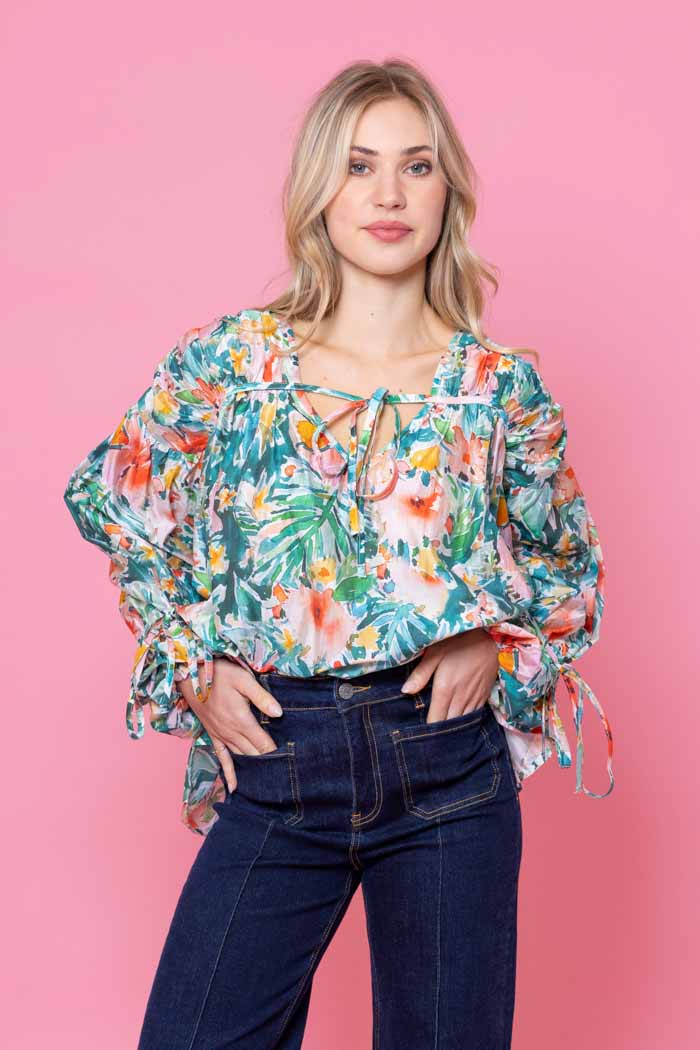 teal floral blouse top