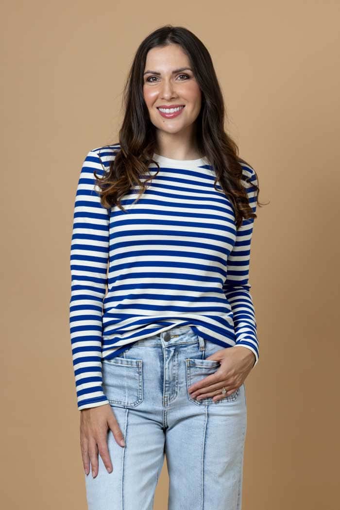 navy striped sleeve top