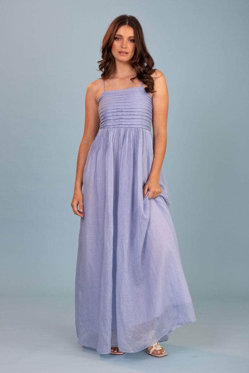 blue pintuck maxi dress