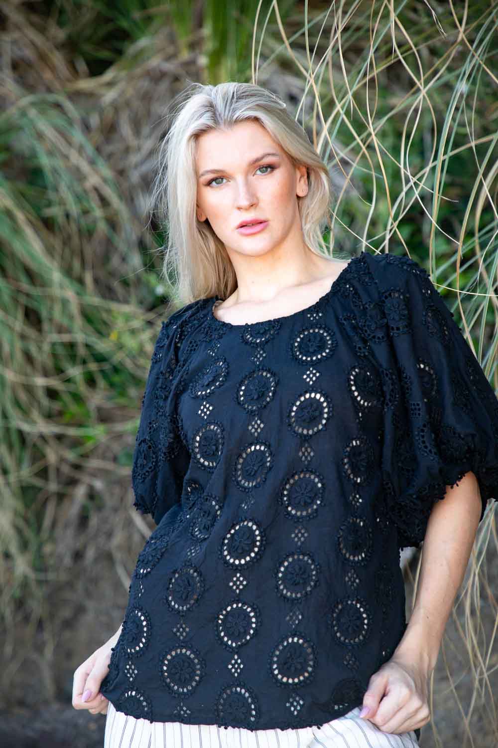 black embroidered floral top