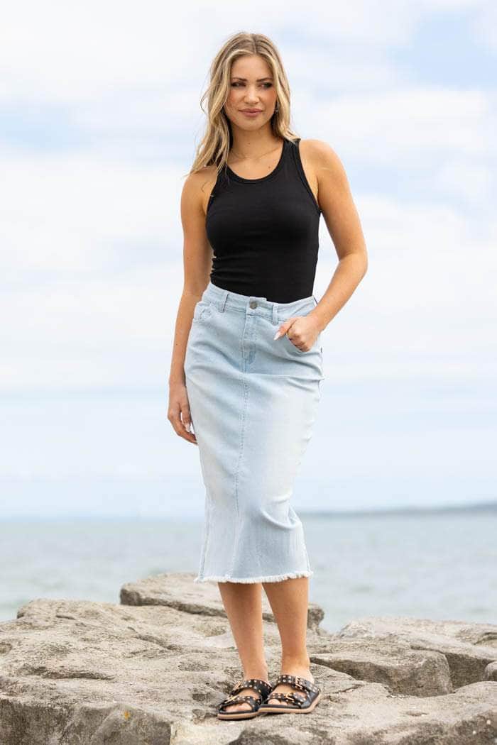 blue denim midi skirt