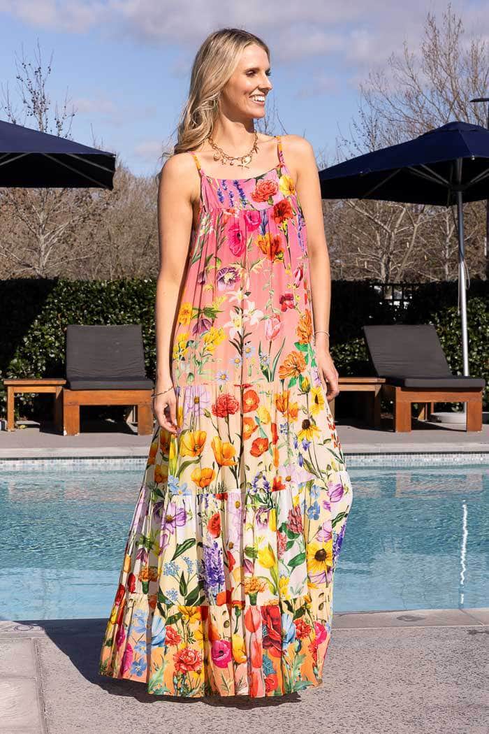 sleeveless, floor-length floral maxi dress