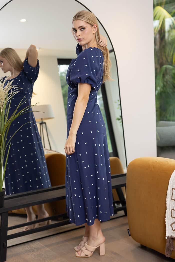 Harriet Midi Dress Navy Heart White 2