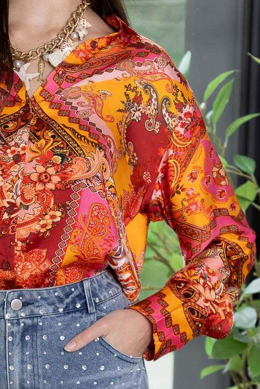 Sophia Satin Shirt Patchwork Rust 3
