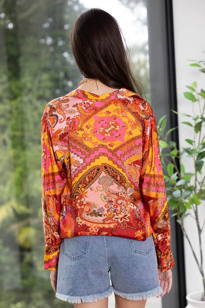 Sophia Satin Shirt Patchwork Rust 2