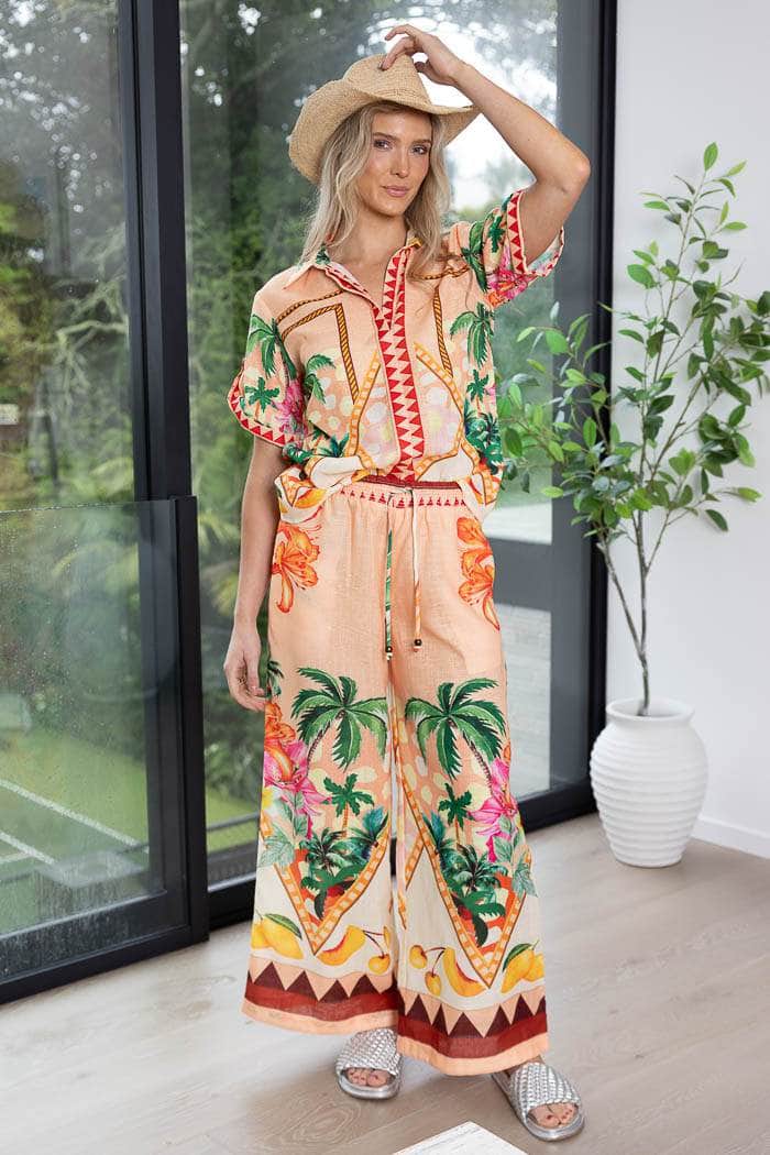 tropical peach wide-leg pants