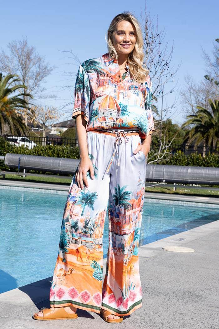 colorful tropical beach-themed wide-leg drawstring pants