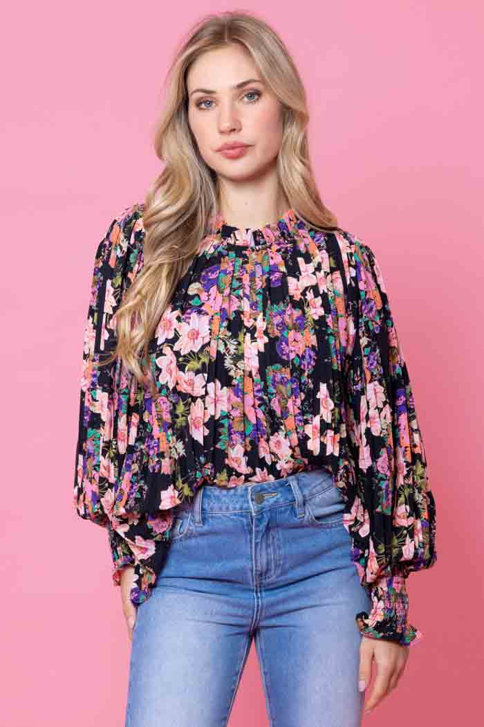 Laura Pleated Top Fluro Floral Black