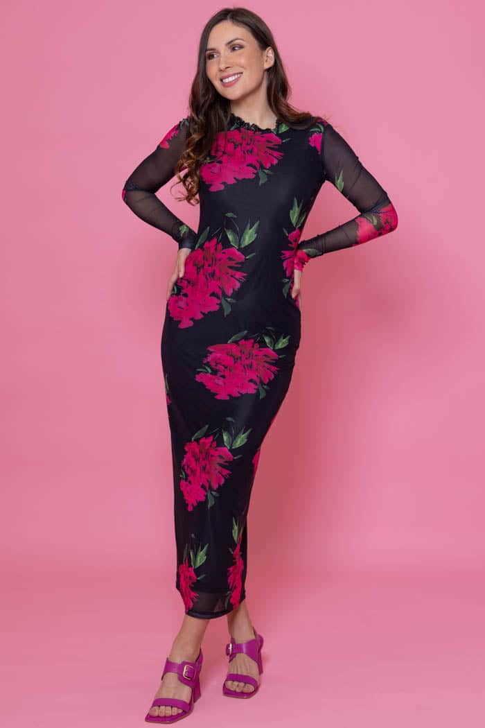 Ariana Maxi Mesh Dress Black Floral