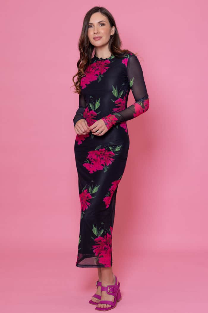 Ariana Maxi Mesh Dress Black Floral 2