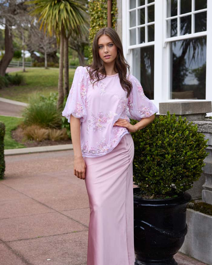 Blush pink satin maxi skirt