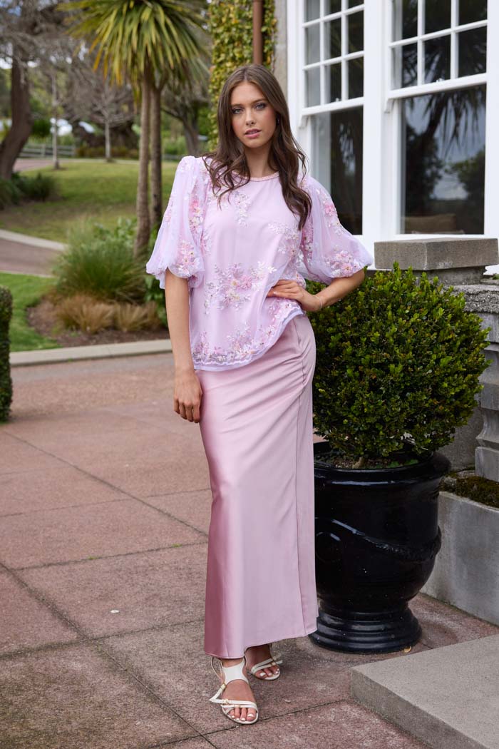 Blush pink satin maxi skirt