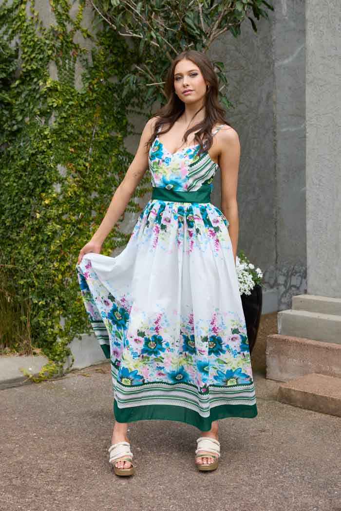 white and blue floral maxi dress