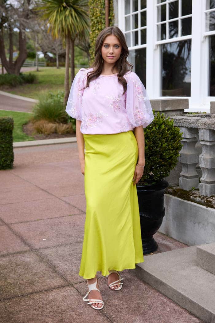 Yellow satin maxi skirt