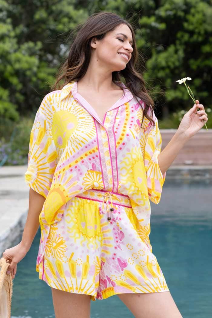 Yellow and pink print shirt