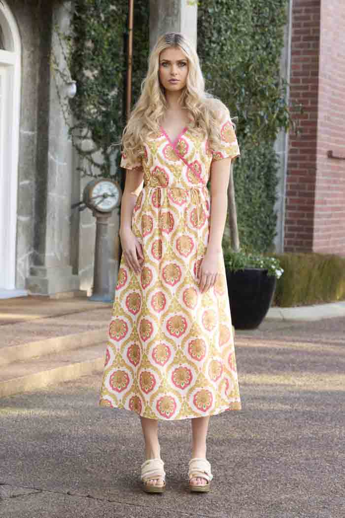 Phoebe Wrap Dress Paisley Fluro Pink