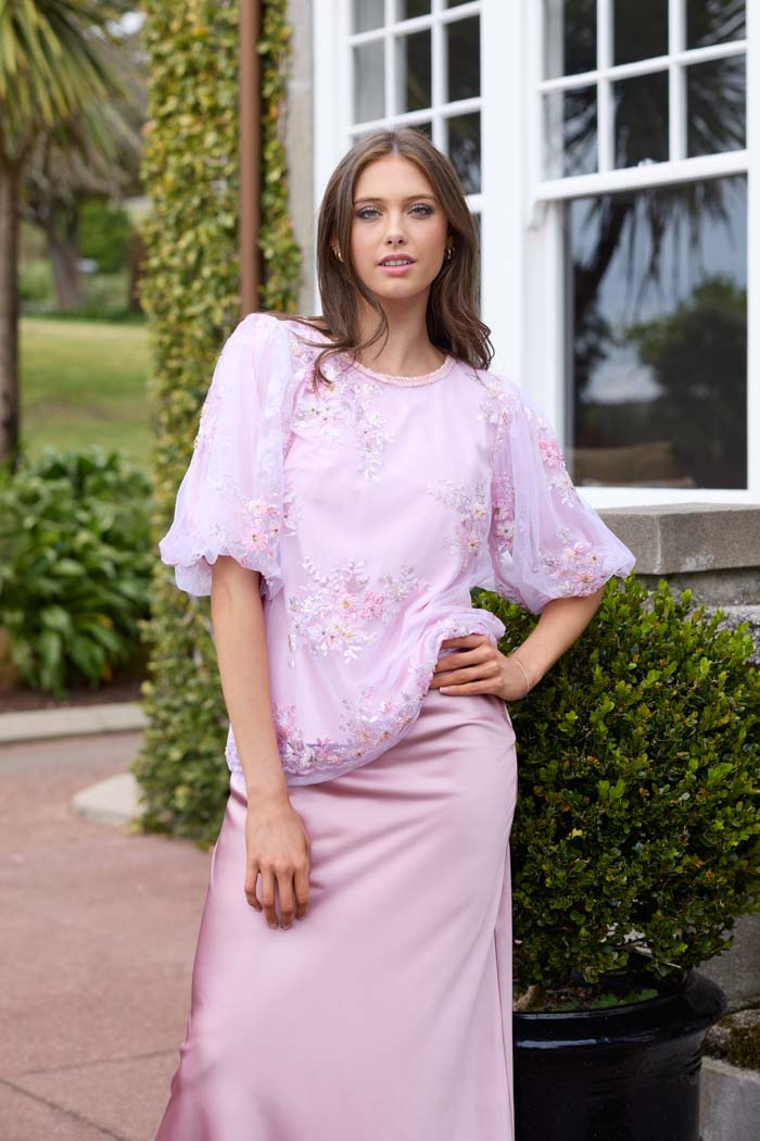 Baby pink floral sequin top