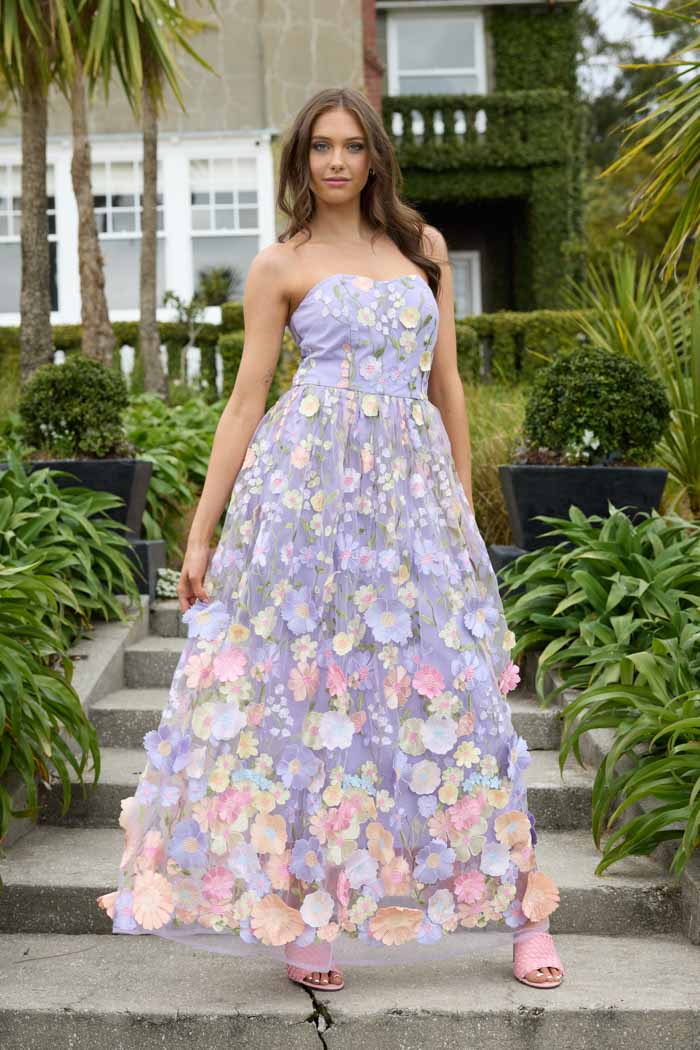 strapless floral embroidered maxi dress.