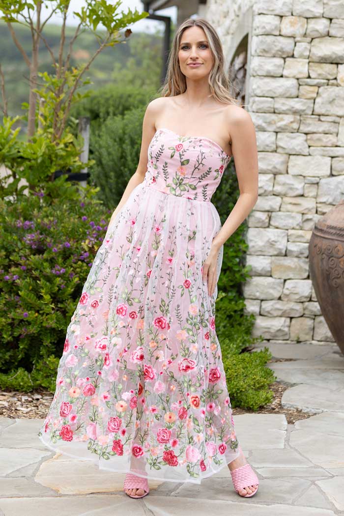 Pink 3D Floral embroidered maxi dress