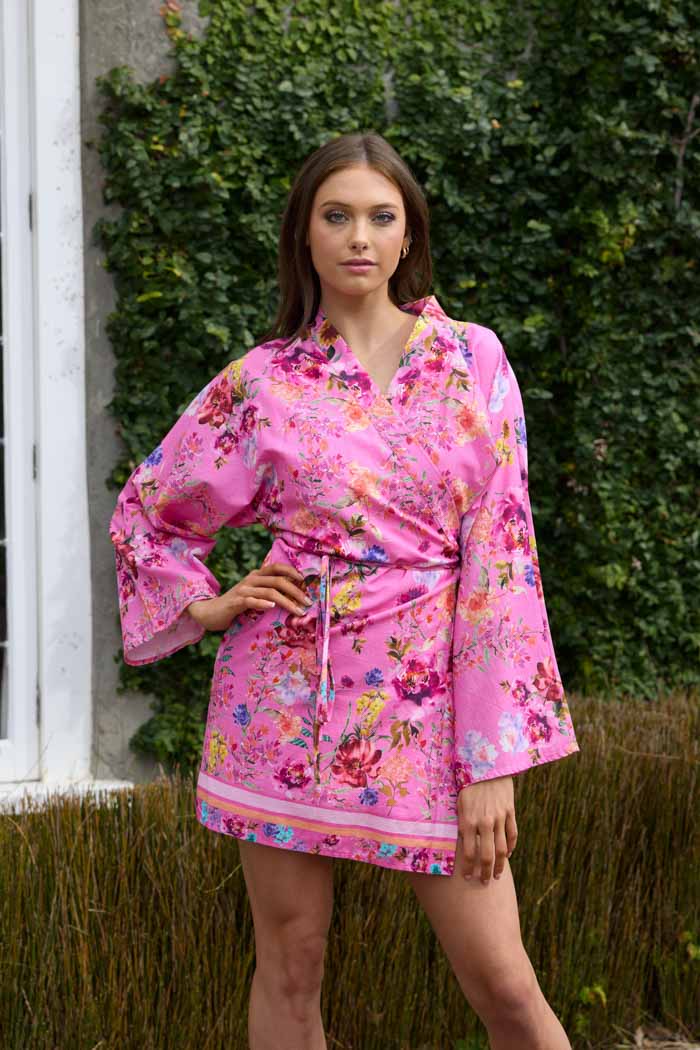 Pink floral wide sleeve kimono mini dress