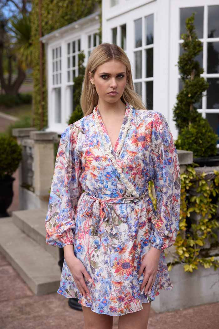 Aurora Mini Wrap Dress Pearl Floral Blue 2