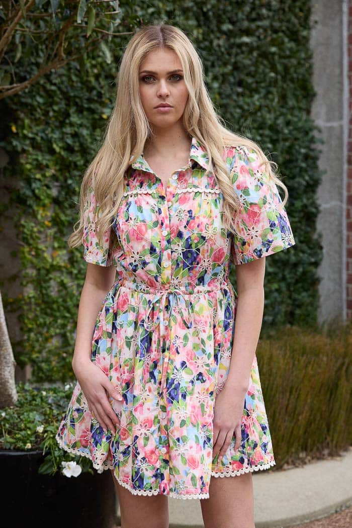 Emerson Embroidered Shirt Mini Dress Bright Floral 2