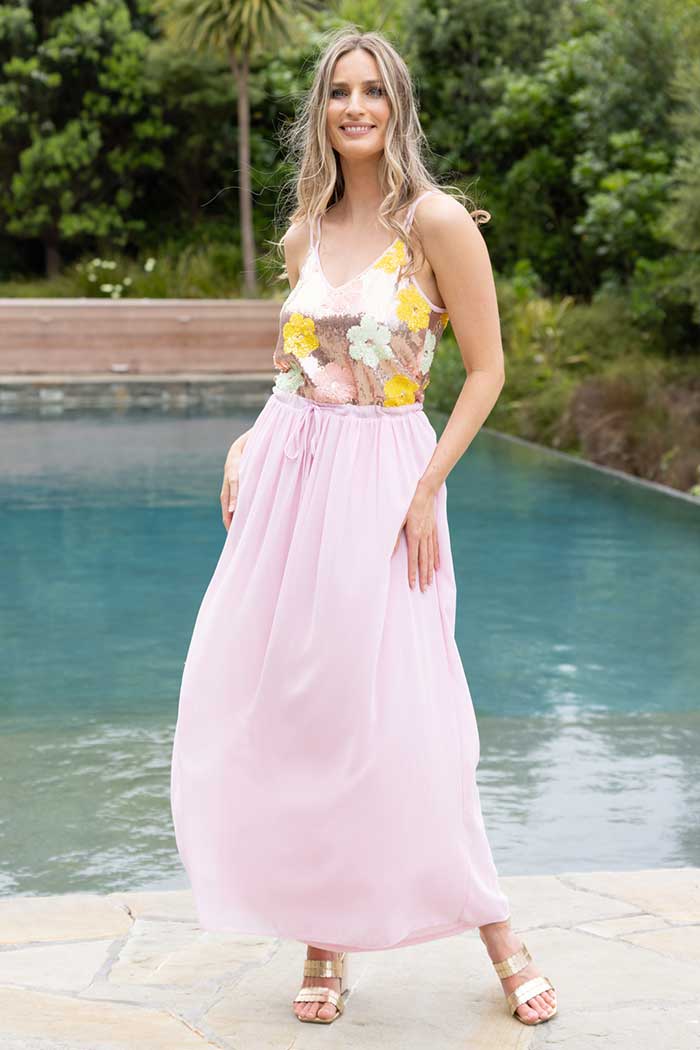 Sequin and blush pink maxi dress