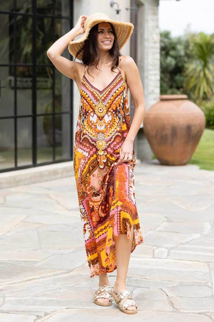 rust patchwork patterned maxi dress