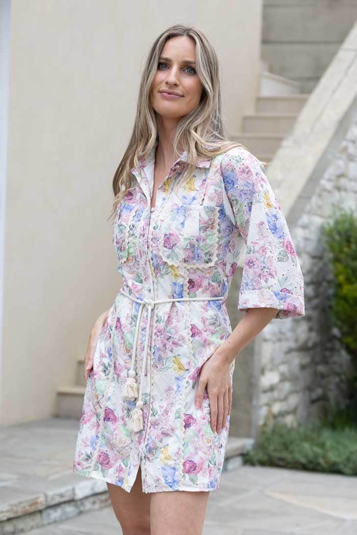 Bella Shirt Dress Embroidered Floral Cream 2