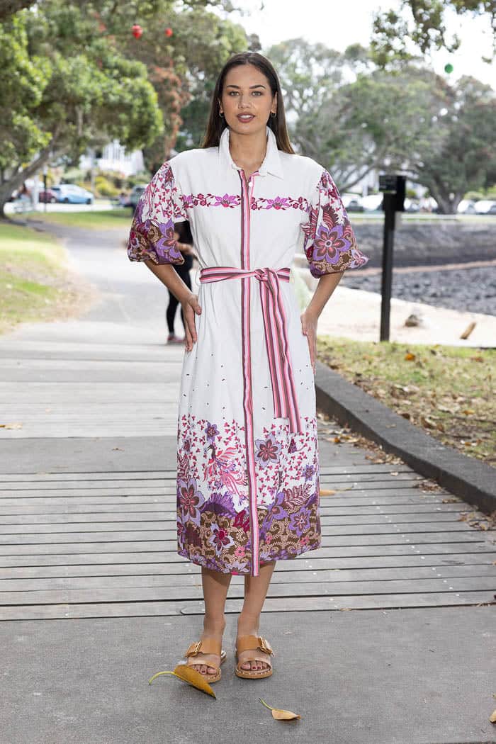 White and purple floral midi dress