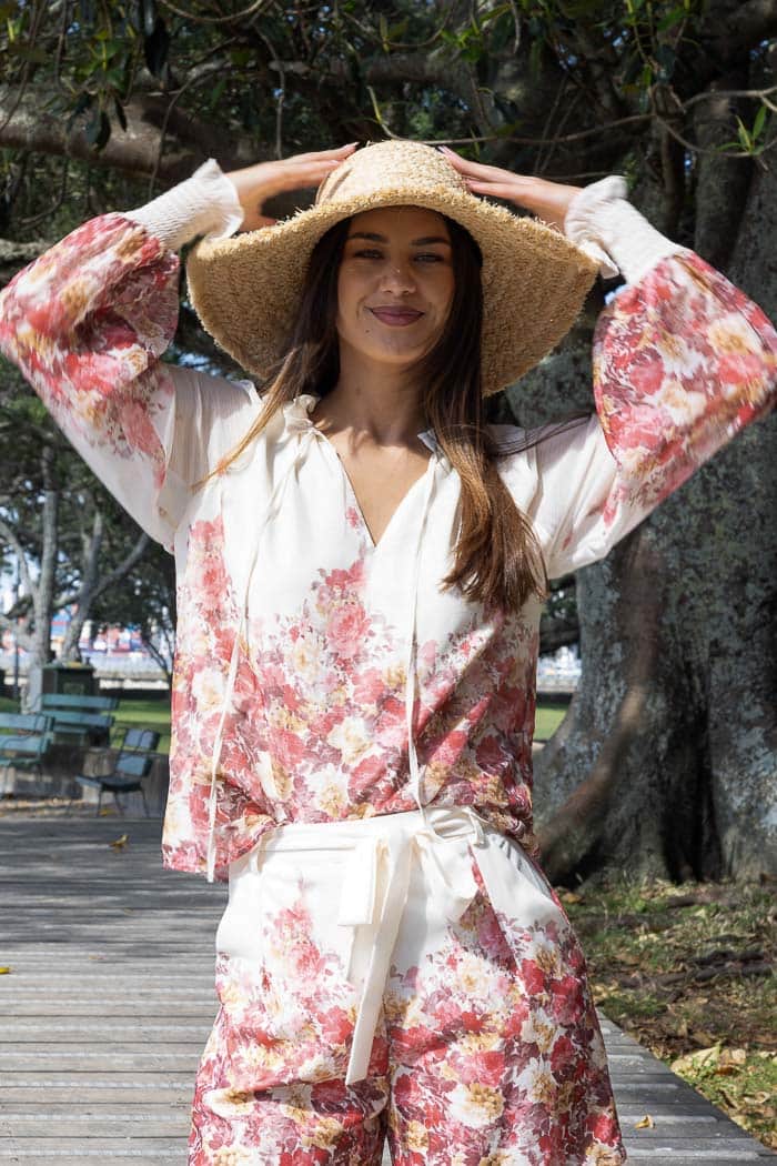Pink and cream floral blouse