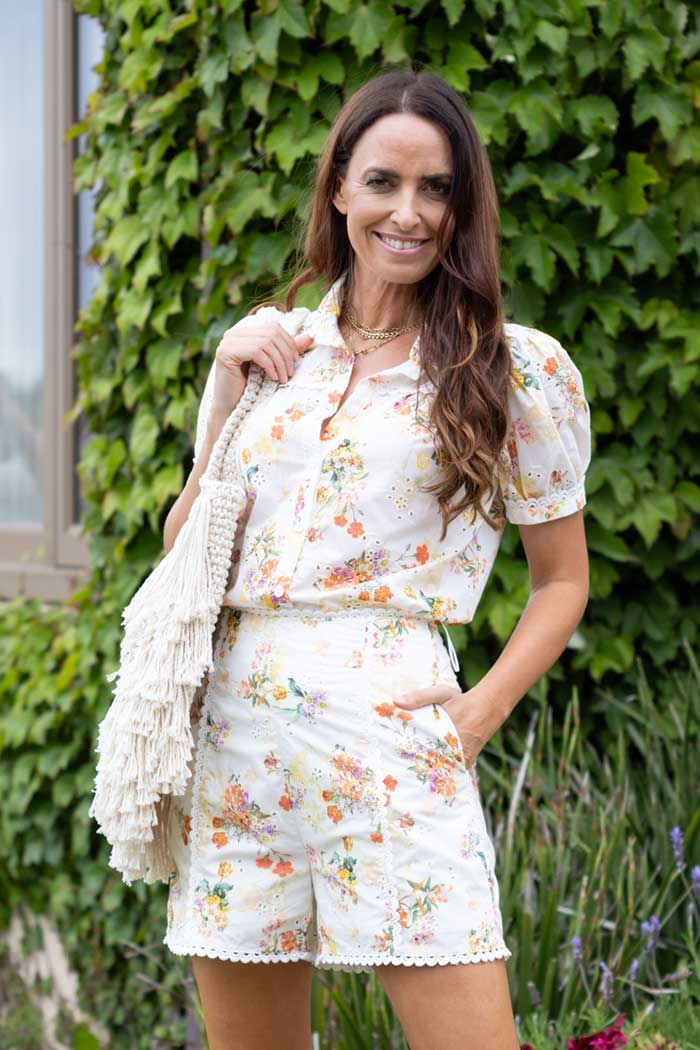 Yellow and white embroidered short