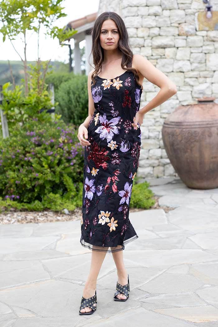 Black sequin floral midi dress
