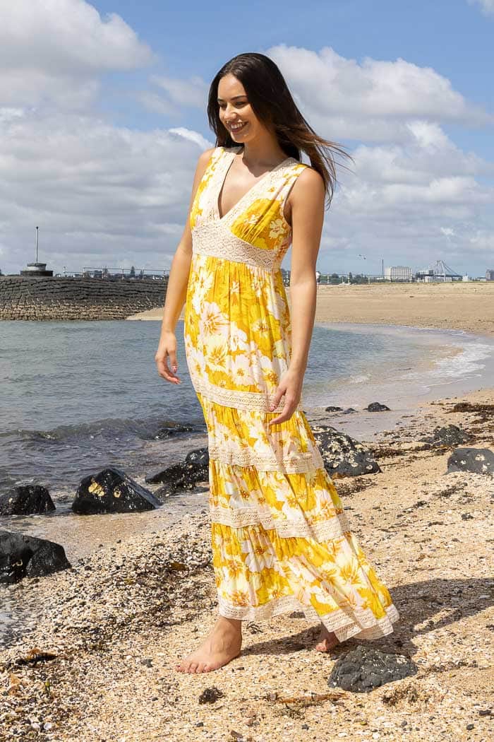 Yellow and white lace floral dress