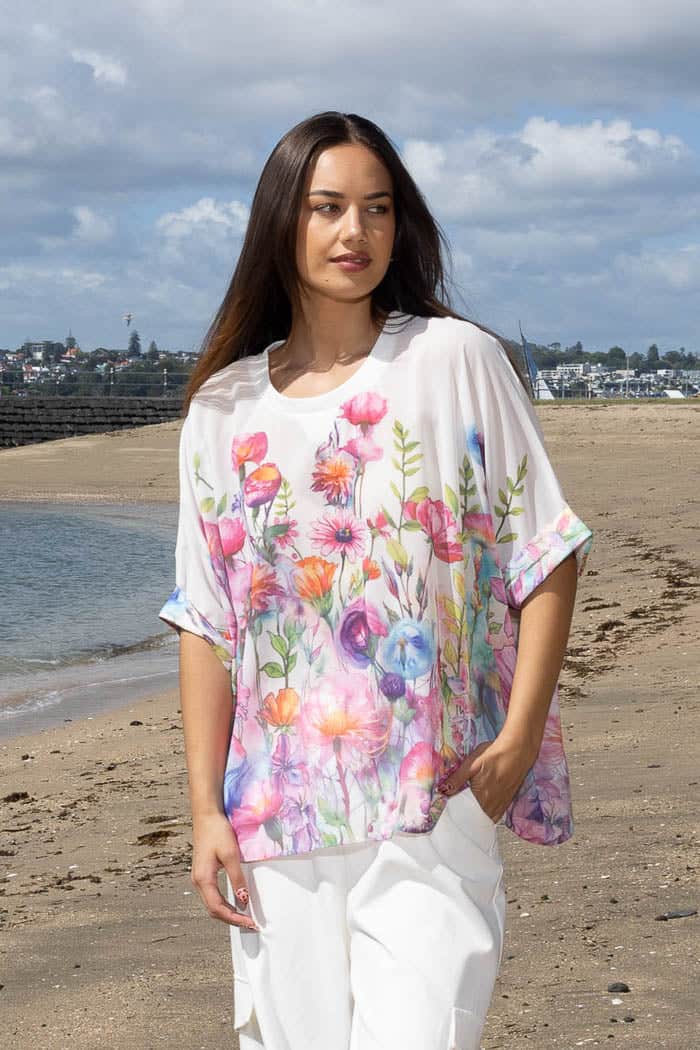 White and floral chiffon top
