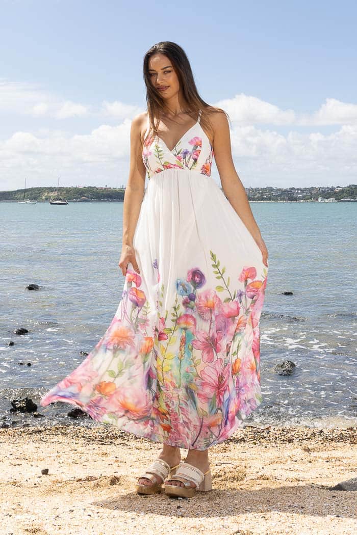 White and colourful floral maxi dress