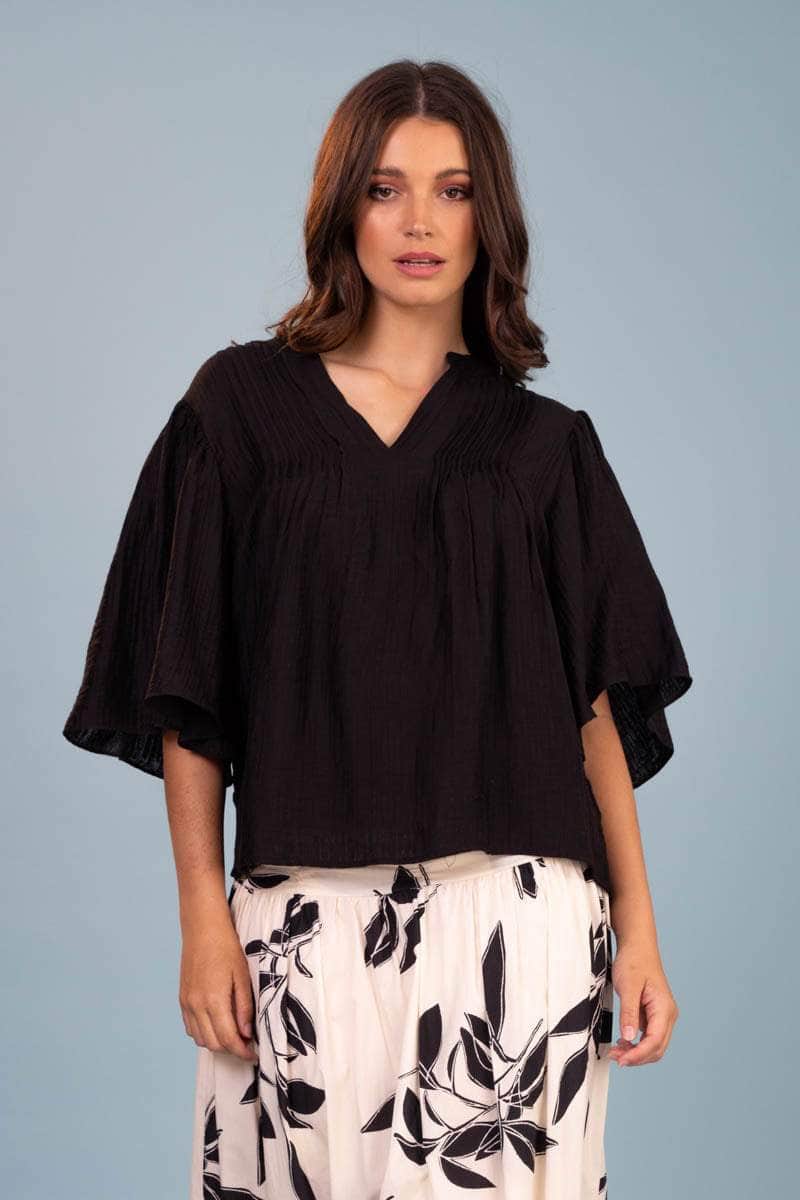 black pintucked top blouse