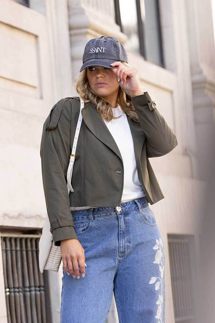 cropped khaki trench style jacket