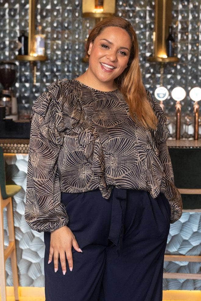 beige black print top plus size