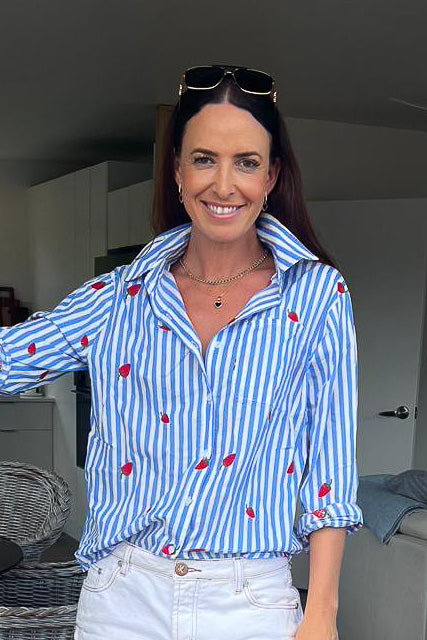 Blue striped shirt with strawberries
