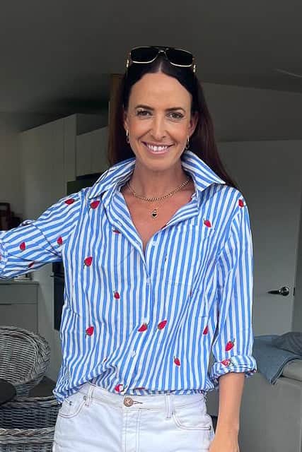 Blue striped shirt with strawberries